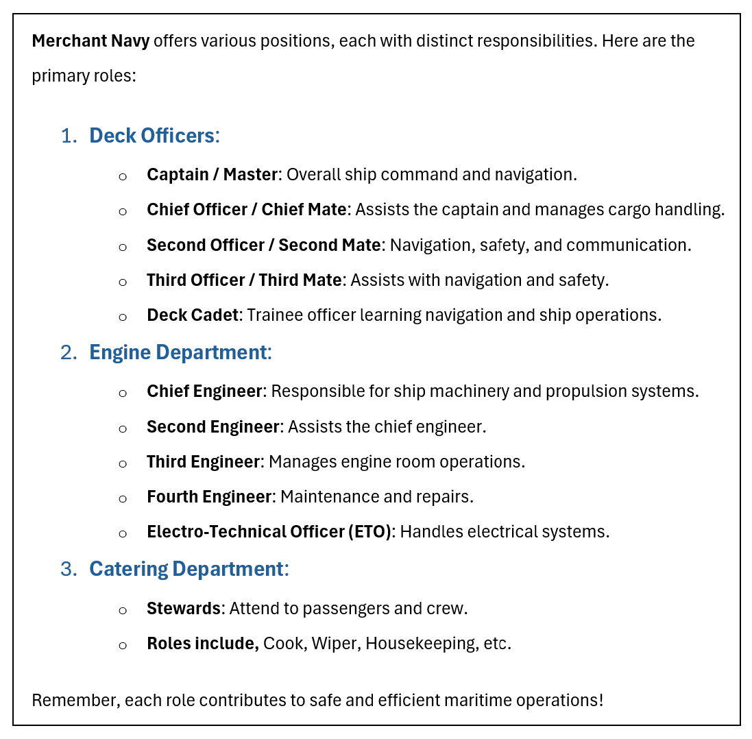 various types of merchant navy roles